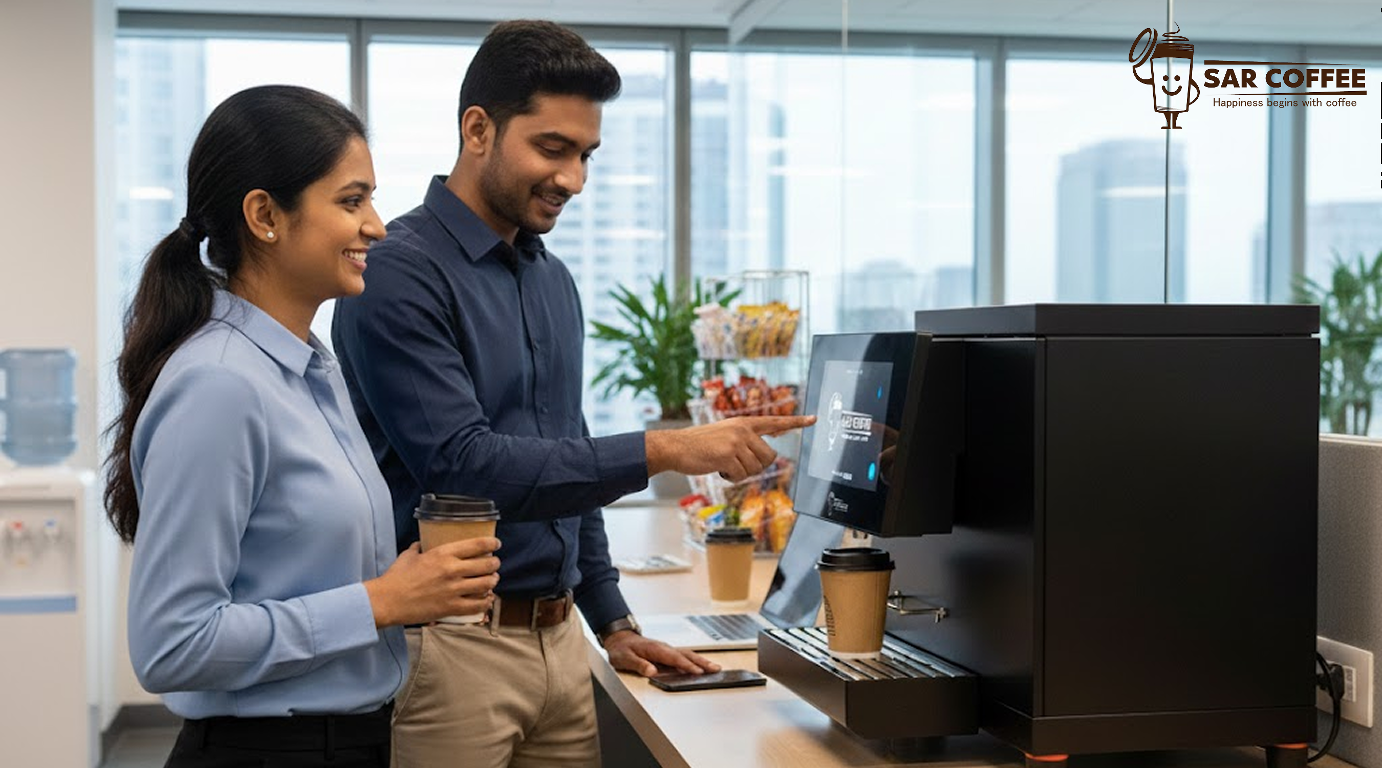 An office image where employees enjoy their coffee from a smart tea and coffee machine