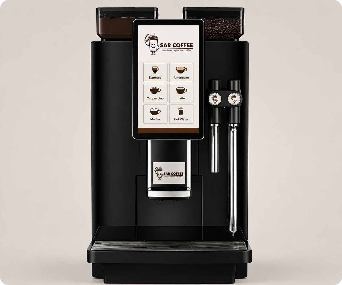 A black automatic espresso machine with a digital touch screen display, stainless steel water and milk tubes, and a drip tray, shown against a neutral beige background.